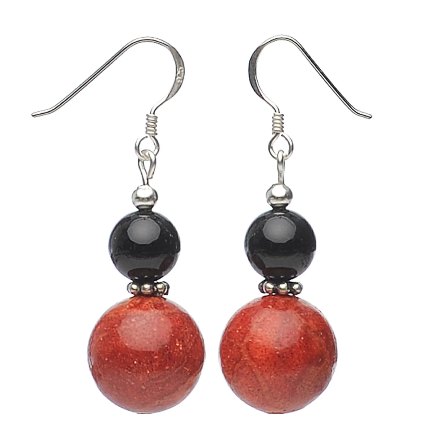 Ohrringe Ohrhänger aus Schaumkoralle & Onyx, rot schwarz, 925 Silber