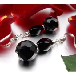 Ohrringe Ohrhänger, echter Onyx facettiert, 925 Silber, 4.7cm, schwarz