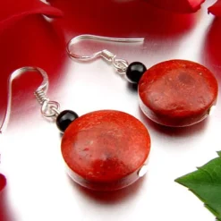 Ohrringe Ohrhänger Koralle Kreis 18mm & Onyx 925 Silber flach rot-braun schwarz