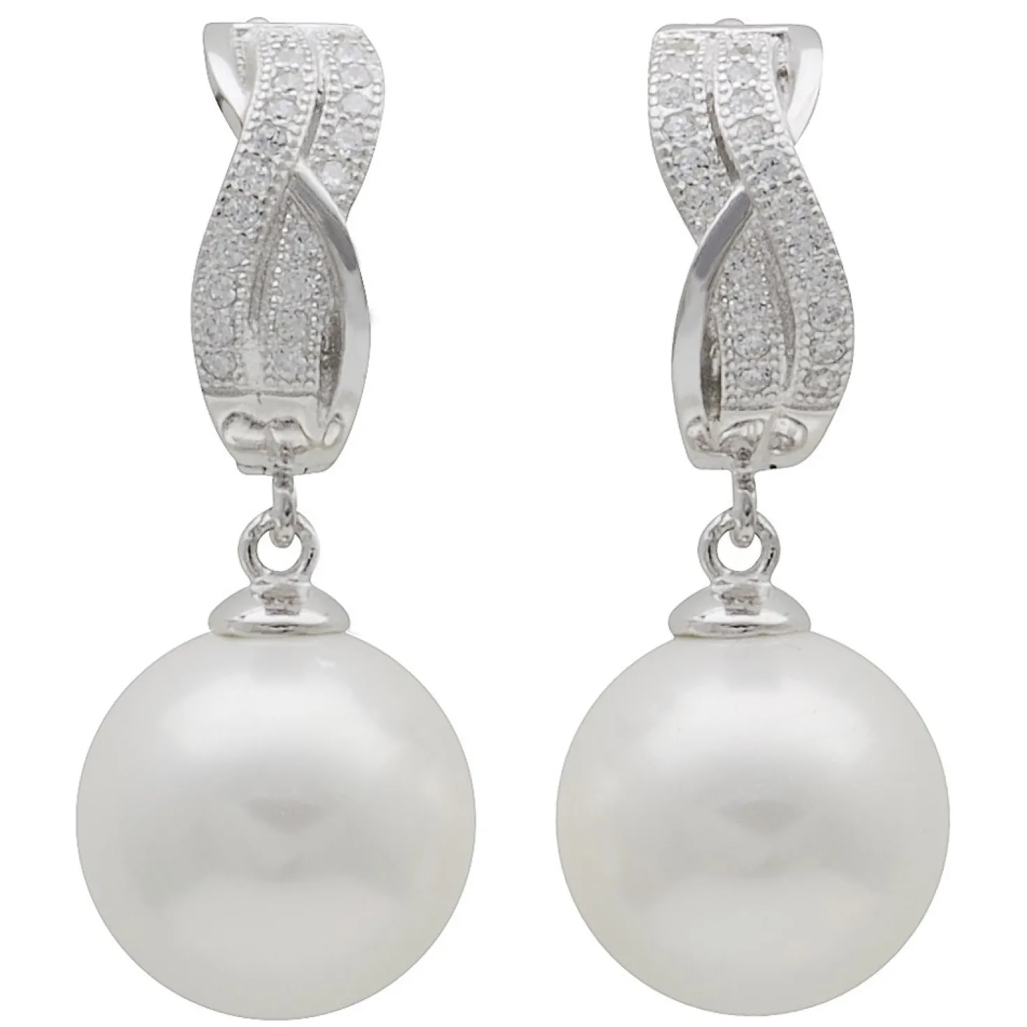 Ohrringe Ohrhänger mit 14 mm Perlen Muschelkernperlen Zirkonia weiß 925 Silber