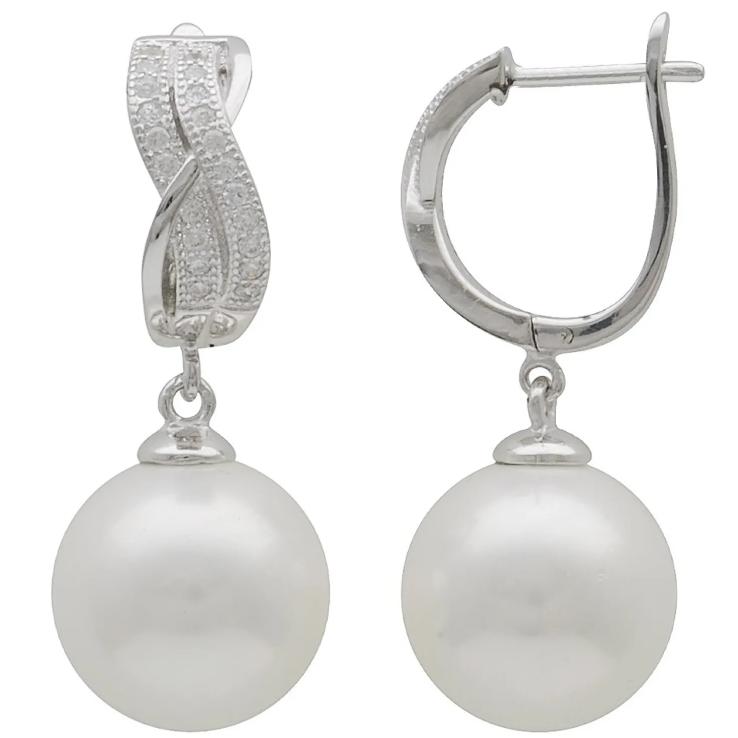 Ohrringe Ohrhänger mit 14 mm Perlen Muschelkernperlen Zirkonia weiß 925 Silber