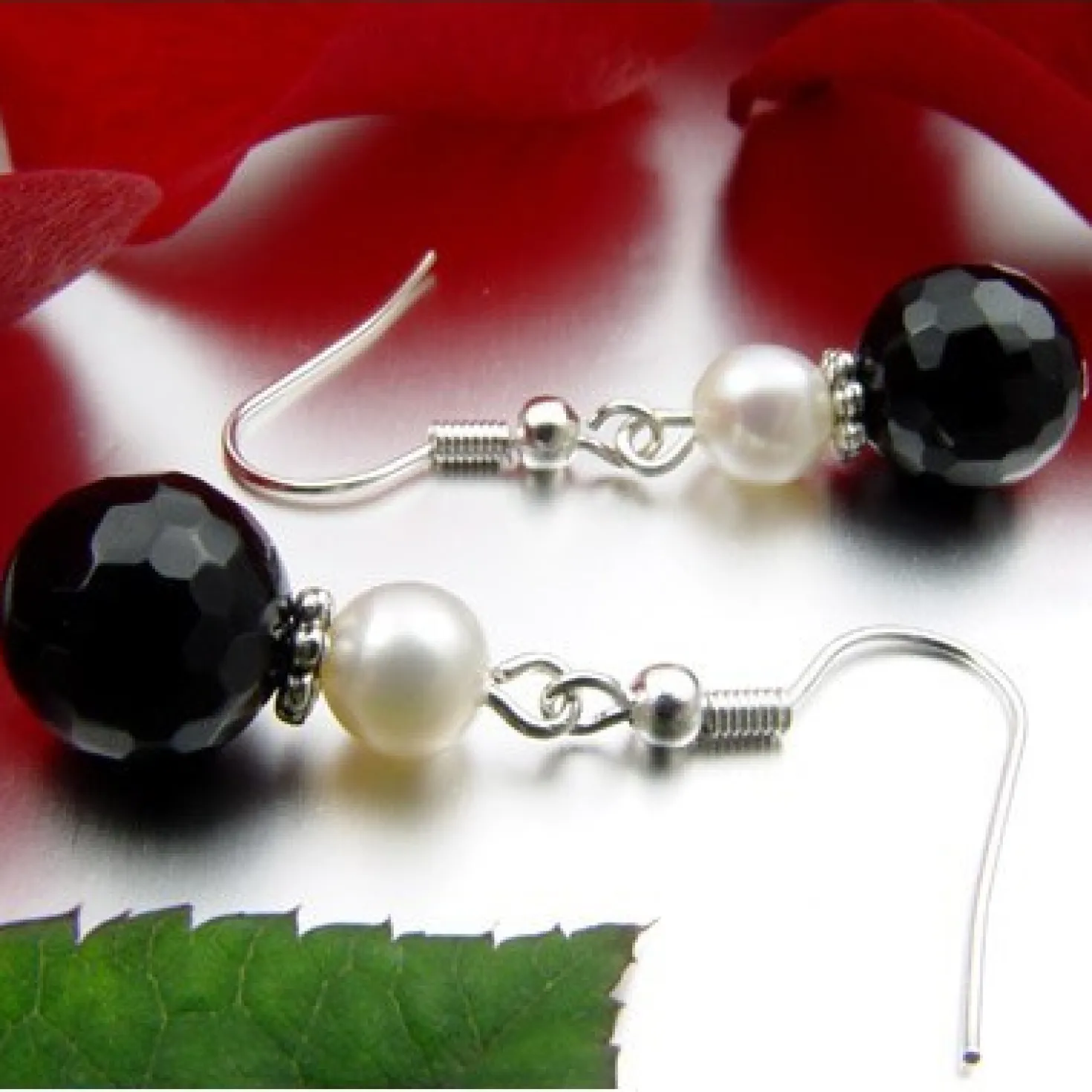 Ohrringe Ohrhänger, Onyx facettiert & Perlen, 925 Silber, schwarz weiß
