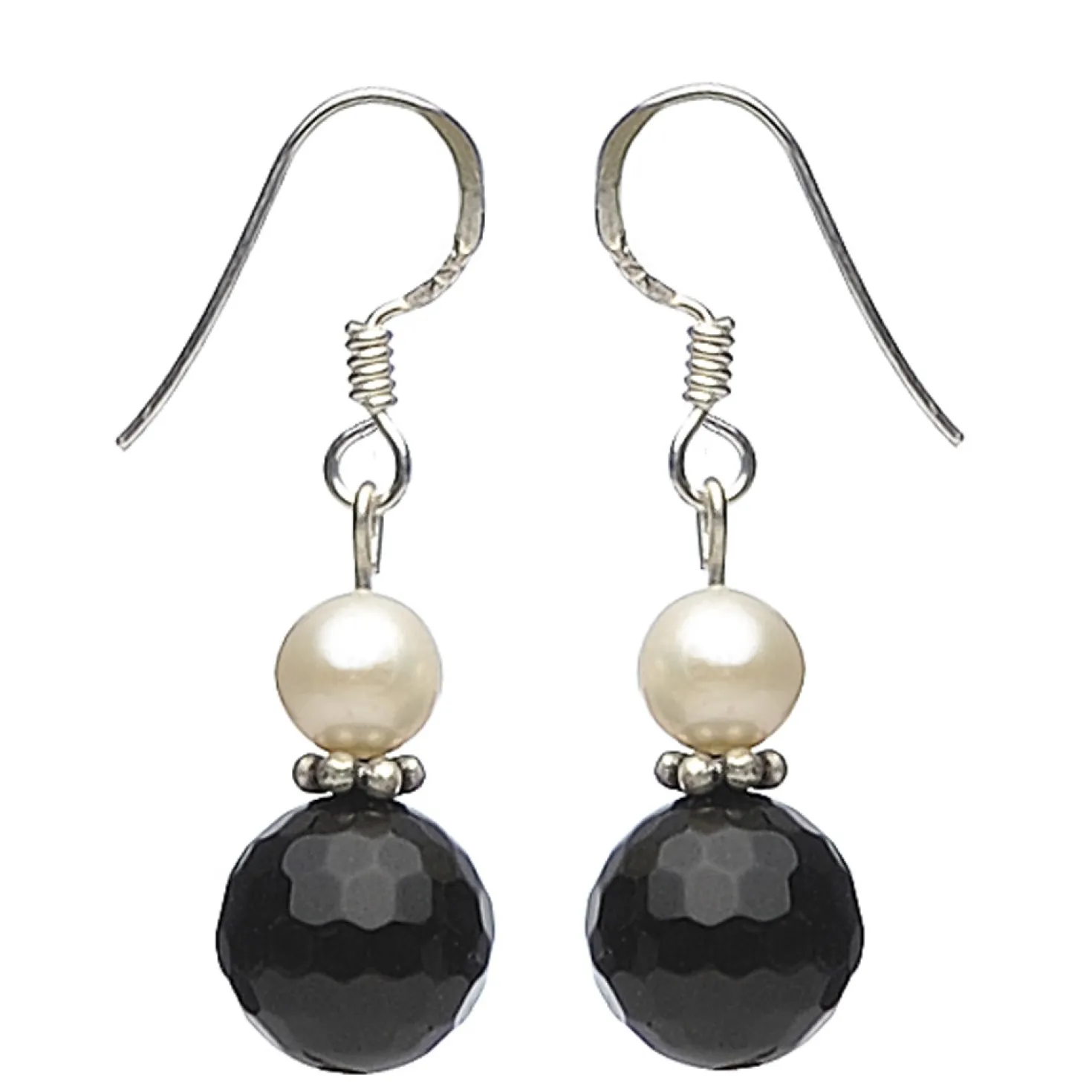 Ohrringe Ohrhänger, Onyx facettiert & Perlen, 925 Silber, schwarz weiß