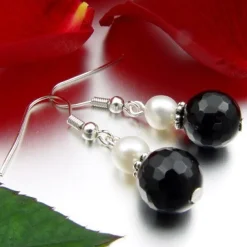 Ohrringe Ohrhänger, Onyx facettiert & Perlen, 925 Silber, schwarz weiß