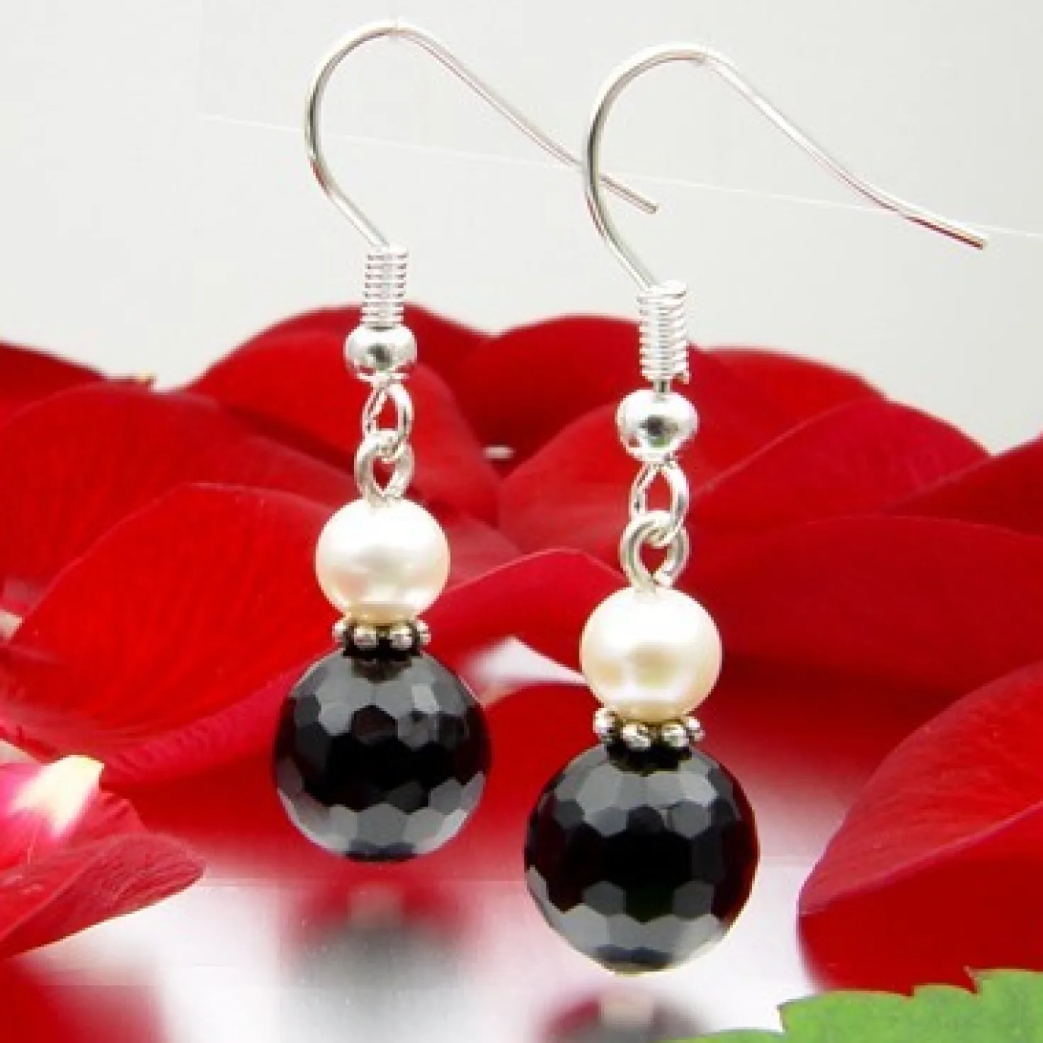 Ohrringe Ohrhänger, Onyx facettiert & Perlen, 925 Silber, schwarz weiß