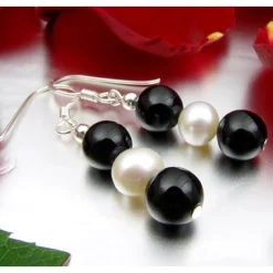 Ohrringe Ohrhänger Onyx & Süßwasser Perlen & 925 Silber, schwarz-weiß