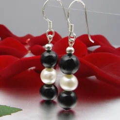 Ohrringe Ohrhänger Onyx & Süßwasser Perlen & 925 Silber, schwarz-weiß