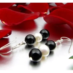 Ohrringe Ohrhänger Onyx & Süßwasser Perlen & 925 Silber, schwarz-weiß