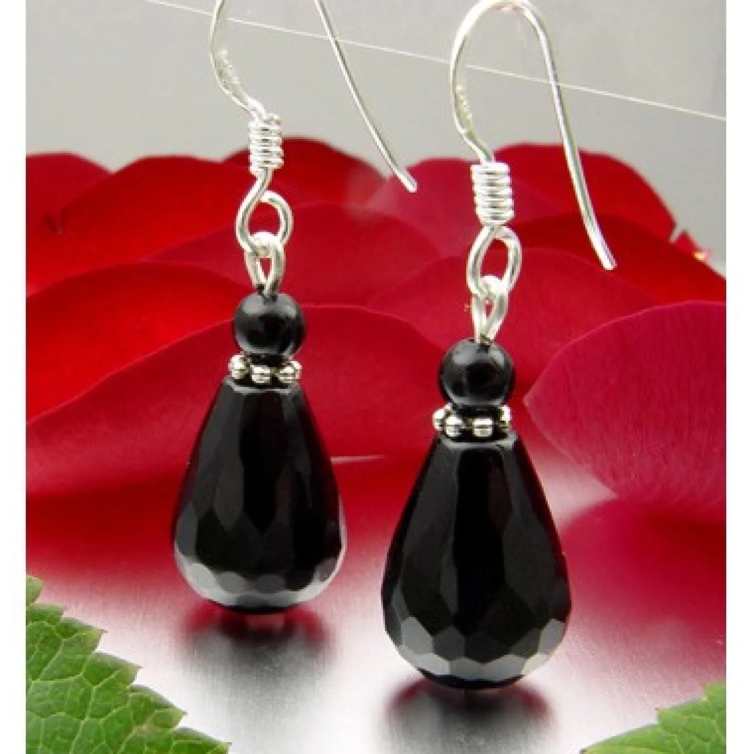 Ohrringe Ohrhänger Tropfen Onyx facettiert, 925 Silber, schwarz Ohrschmuck