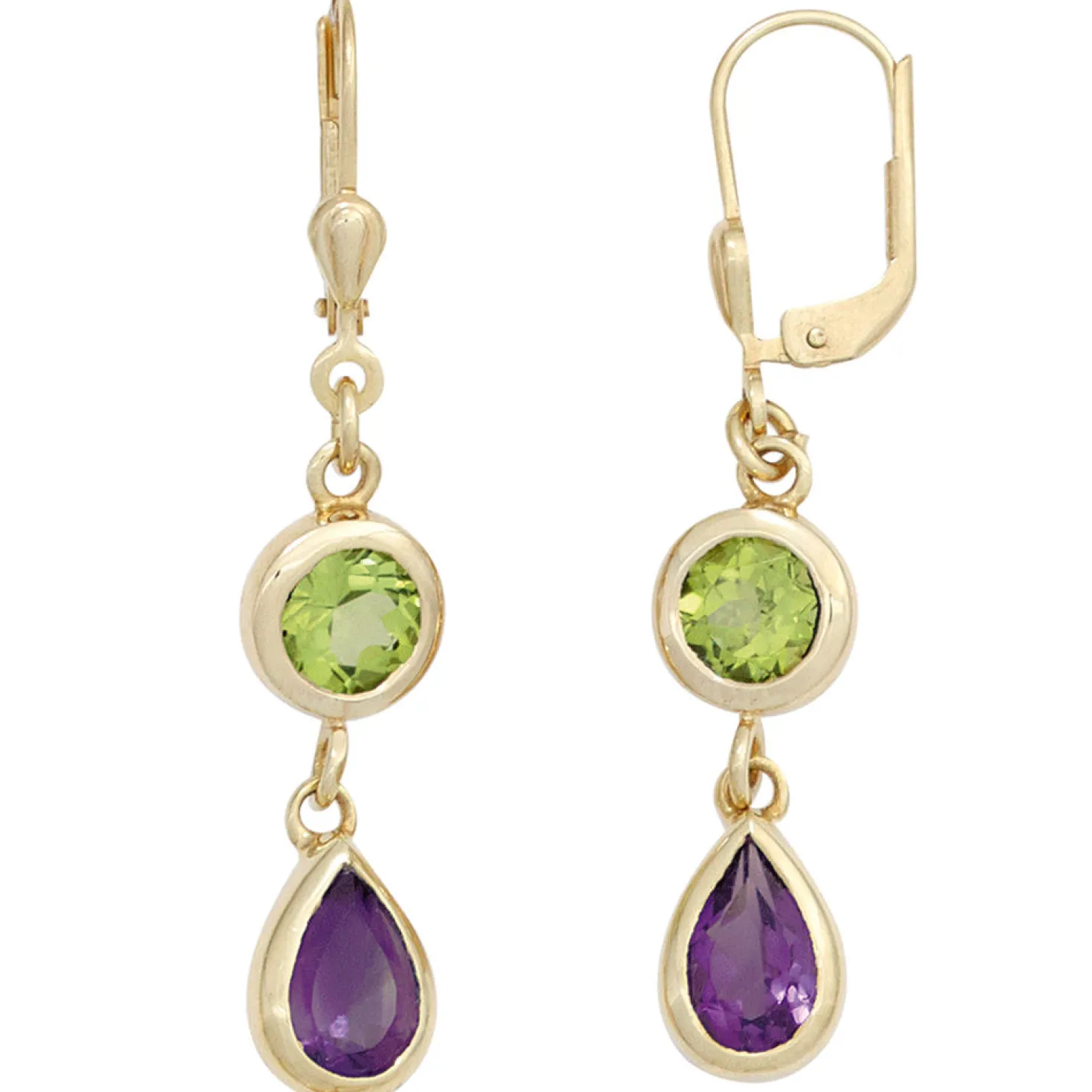 Ohrringe Ohrhänger 7,8x41,6mm Peridot grün & Amethyst Tropfen violett 585 Gold