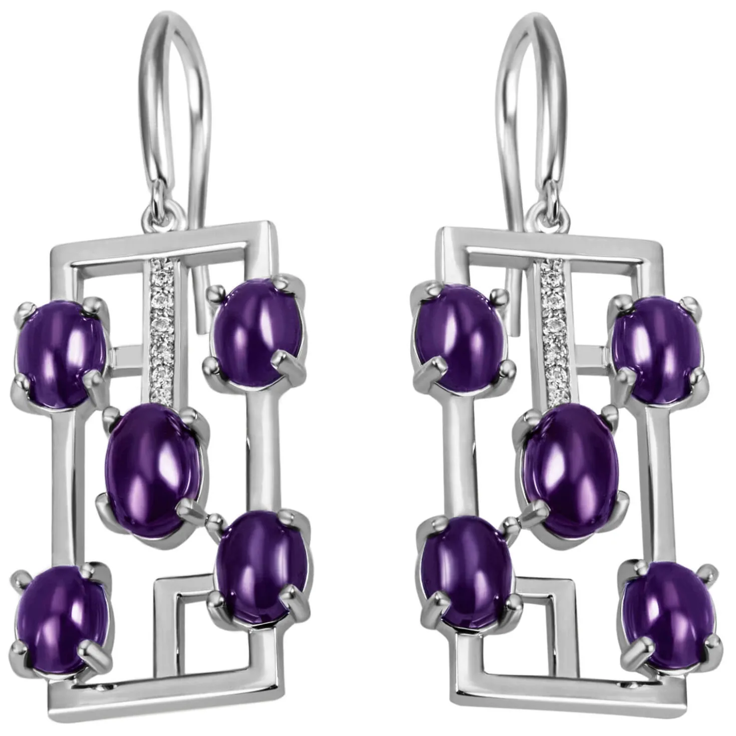 Ohrringe Ohrhänger 12,7x32mm Rechteck 10 Amethyste lila & 12 Zirkonia 925 Silber