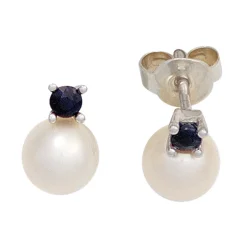 Ohrringe Ohrstecker mit Süßwasser Perle & Saphir blau 585 Gold Weißgold