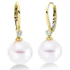 Ohrschmuck 750 Gelbgold 2 Süßwasser-Perlen 9,5mm weiß 2 Brillanten 0,09ct W-SI