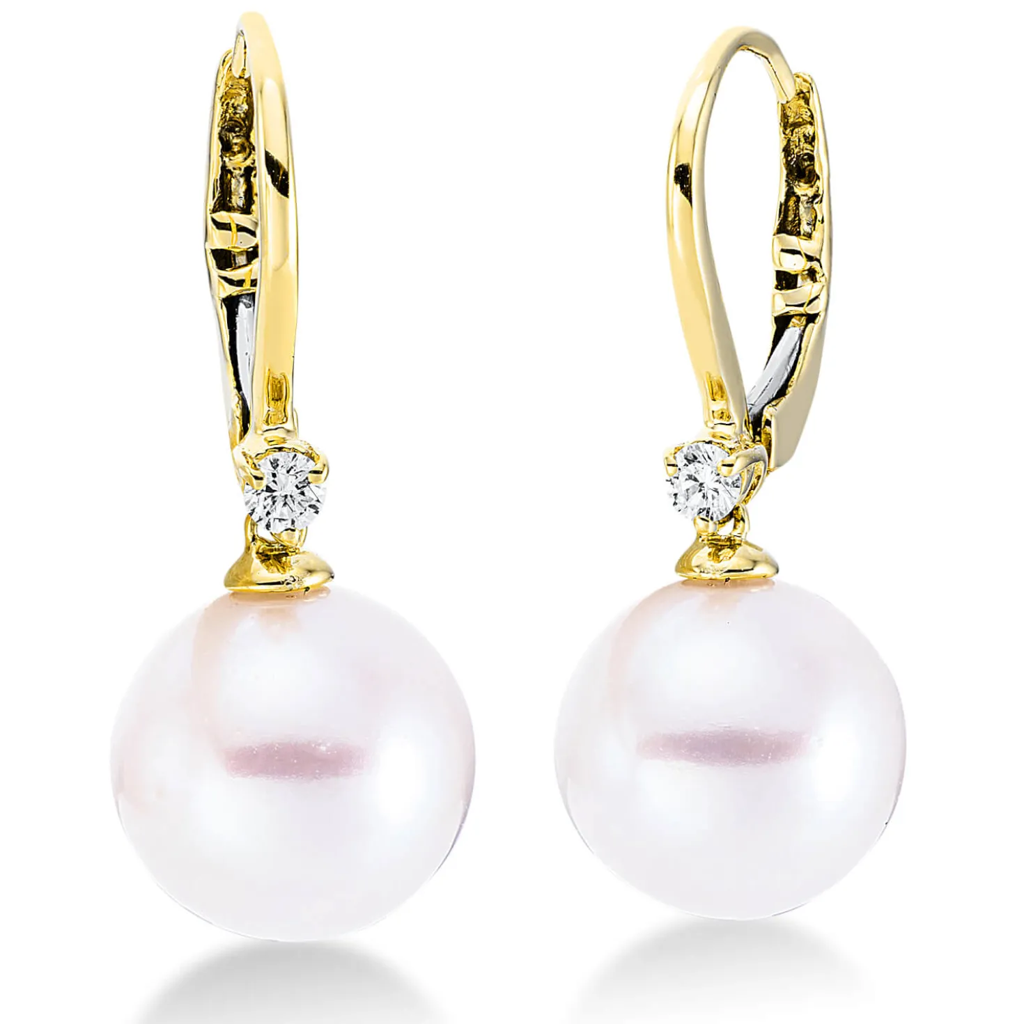 Ohrschmuck 750 Gelbgold 2 Süßwasser-Perlen 9,5mm weiß 2 Brillanten 0,09ct W-SI
