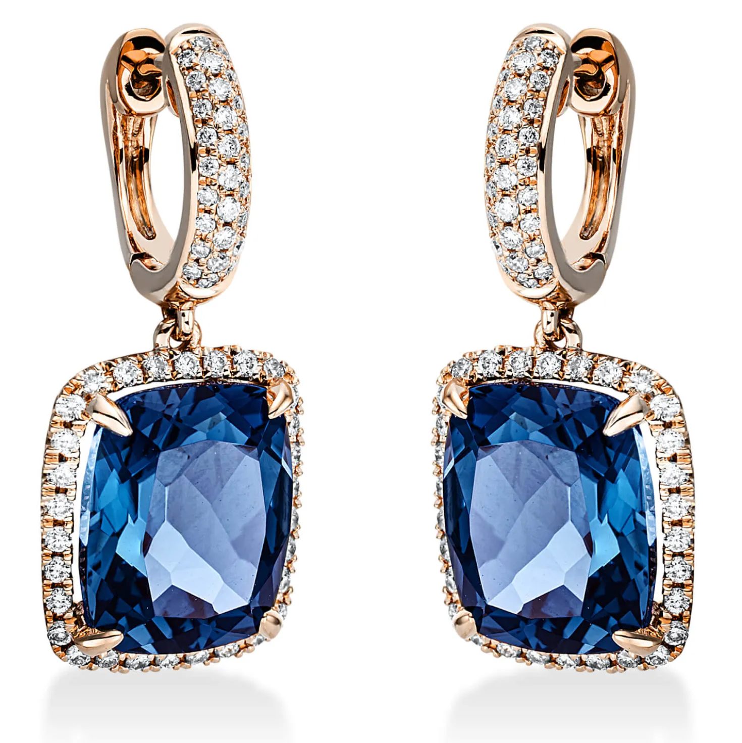 Ohrschmuck Ohrhänger aus 750 Rotgold 2 Topase 10,1ct London Blue mit Brillanten