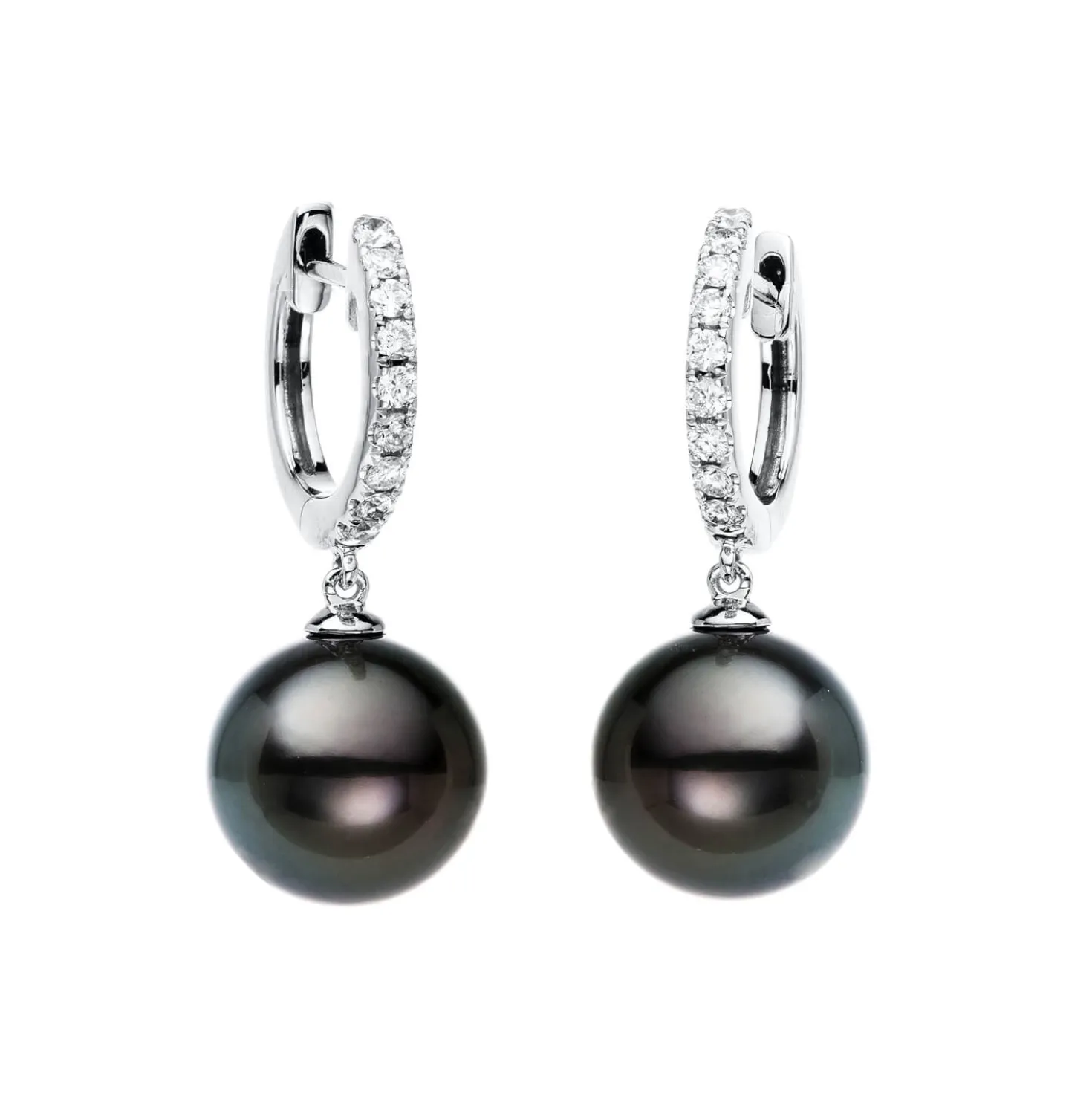 Ohrschmuck Ohrhänger aus 750 Weißgold 2 Tahiti-Perlen 10mm dunkel mit Brillanten