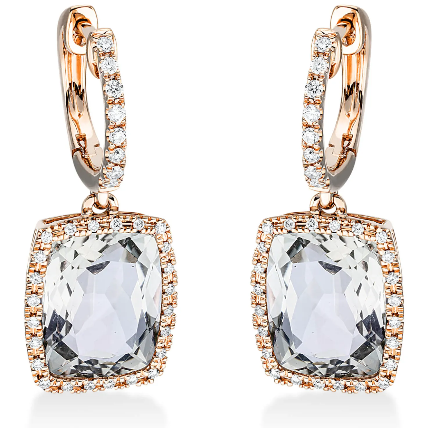Ohrschmuck Ohrhänger 750 Rotgold 2 Amethyste 6ct grün 64 Brillanten 0,26ct TW-SI