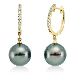 Ohrschmuck Ohrringe aus 750 Gelbgold 2 Tahiti-Perlen 9,5mm dunkel mit Brillanten