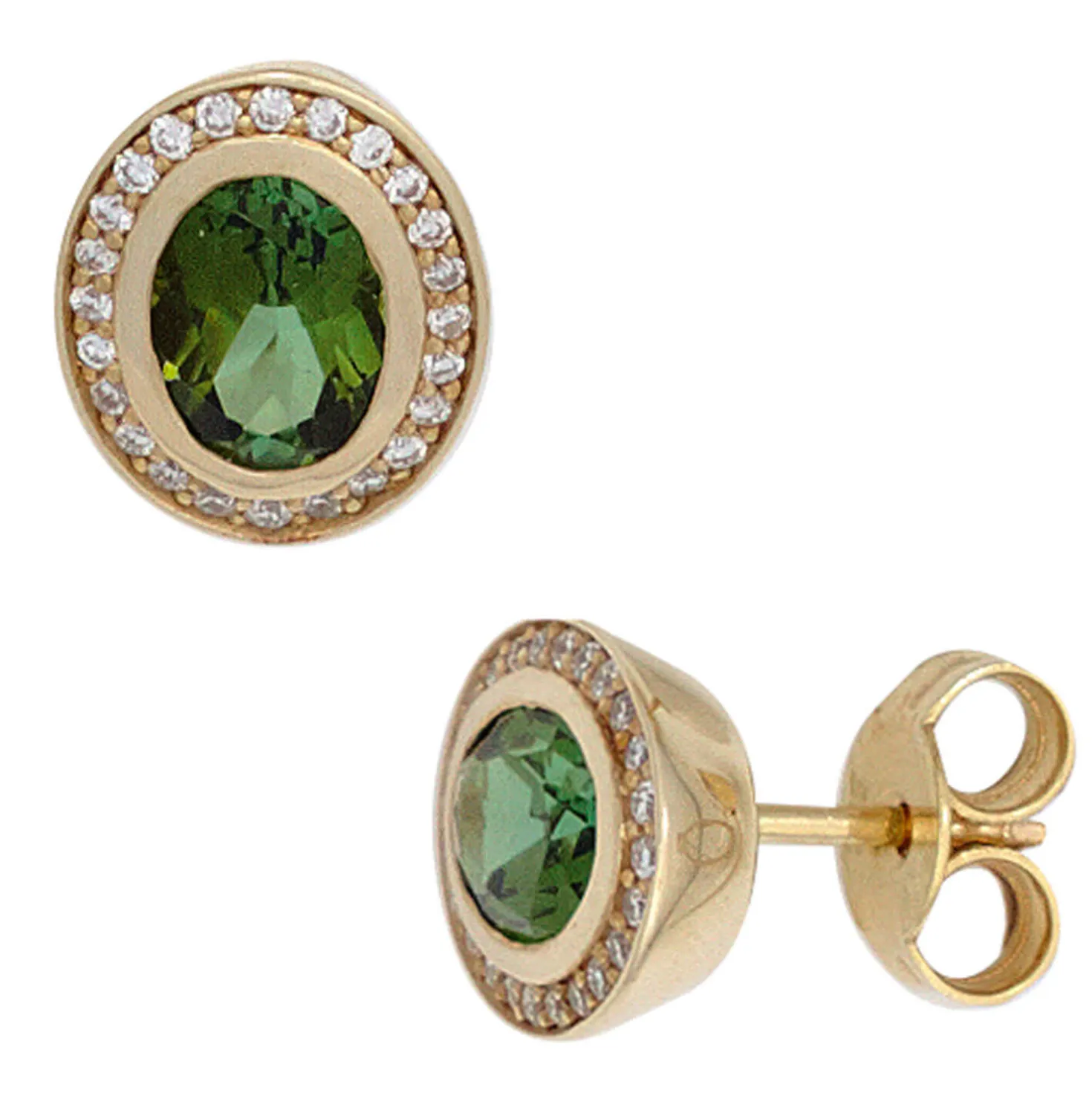 Ohrstecker aus 585 Gold Gelbgold grüne Turmaline & 48 Diamanten 0.16Ct