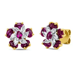 Ohrstecker aus 750 Gold gelb/weiß 12 Rubine 1,79ct rot mit Diamanten 9,9x10,2mm