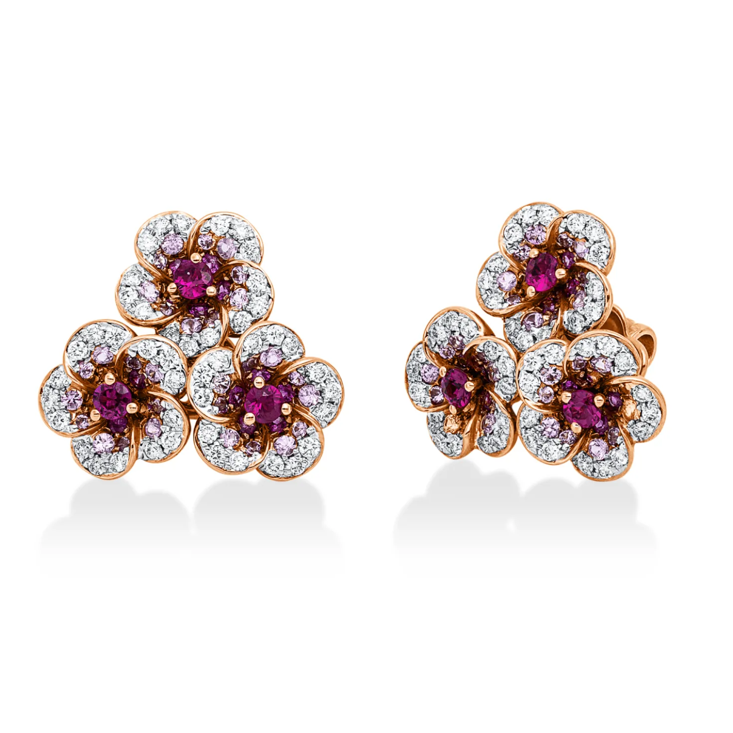 Ohrstecker aus 750 Gold weiß/rot 96 Rubine 1,13ct rot 90 Brillanten 0,54ct TW-VSI