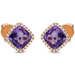 Ohrstecker aus 750 Rotgold 2 Amethyste 3,2ct lila 48 Brillanten 0,15ct TW-SI 9x9mm