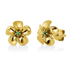 Ohrstecker Blume aus 750 Gelbgold 2 Tsavorithe 0,04ct grün 10,3x10,3mm mattiert