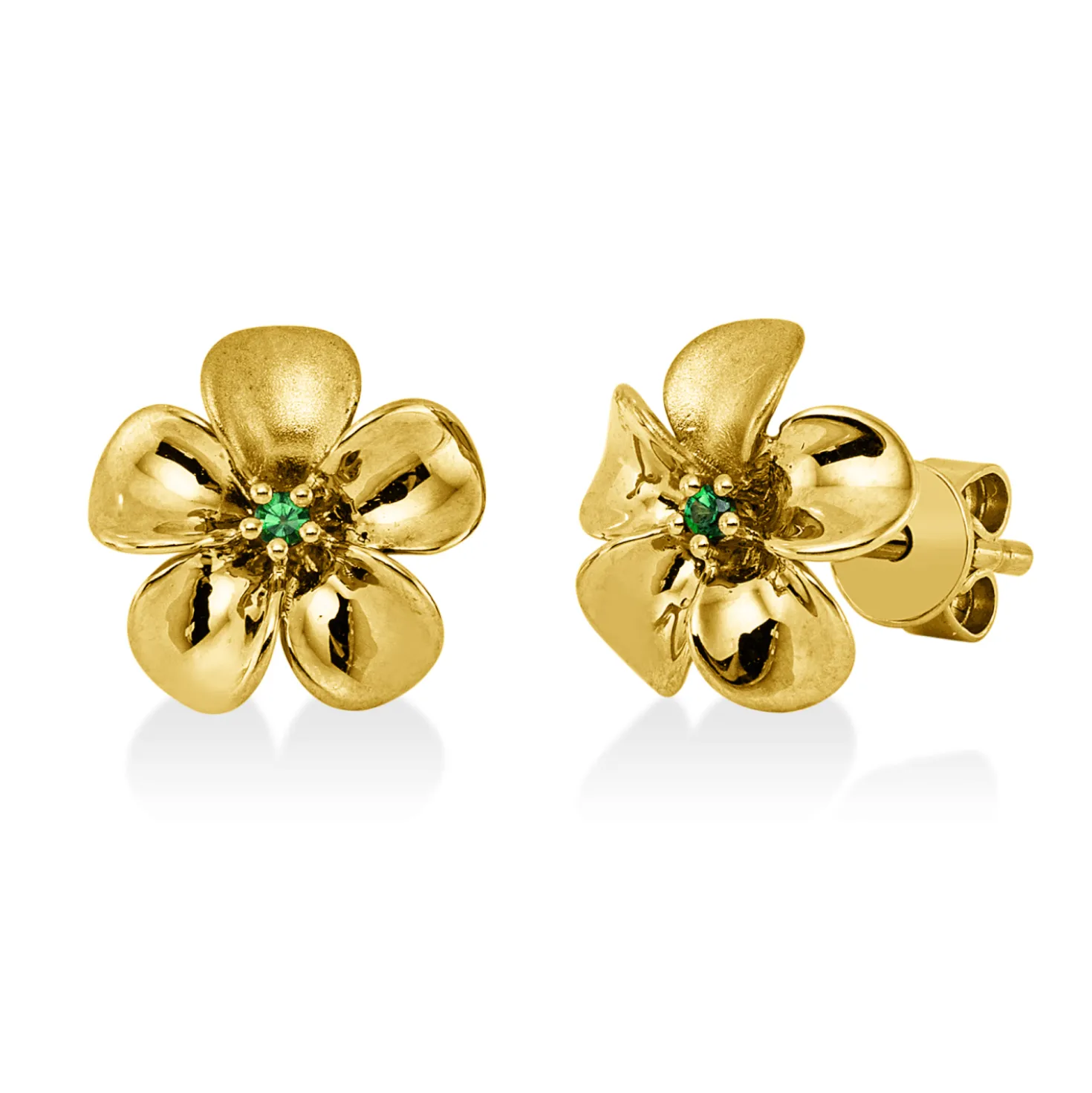 Ohrstecker Blume aus 750 Gelbgold 2 Tsavorithe 0,04ct grün 10,3x10,3mm mattiert