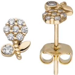 Ohrstecker Blume Blumen aus 333 Gold Gelbgold mit 16 Zirkonia Ohrschmuck Damen