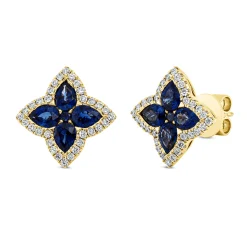 Ohrstecker Blumen aus 750 Gelbgold 10 Saphire 2,04ct blau 64 Brillanten 0,4ct TW-SI