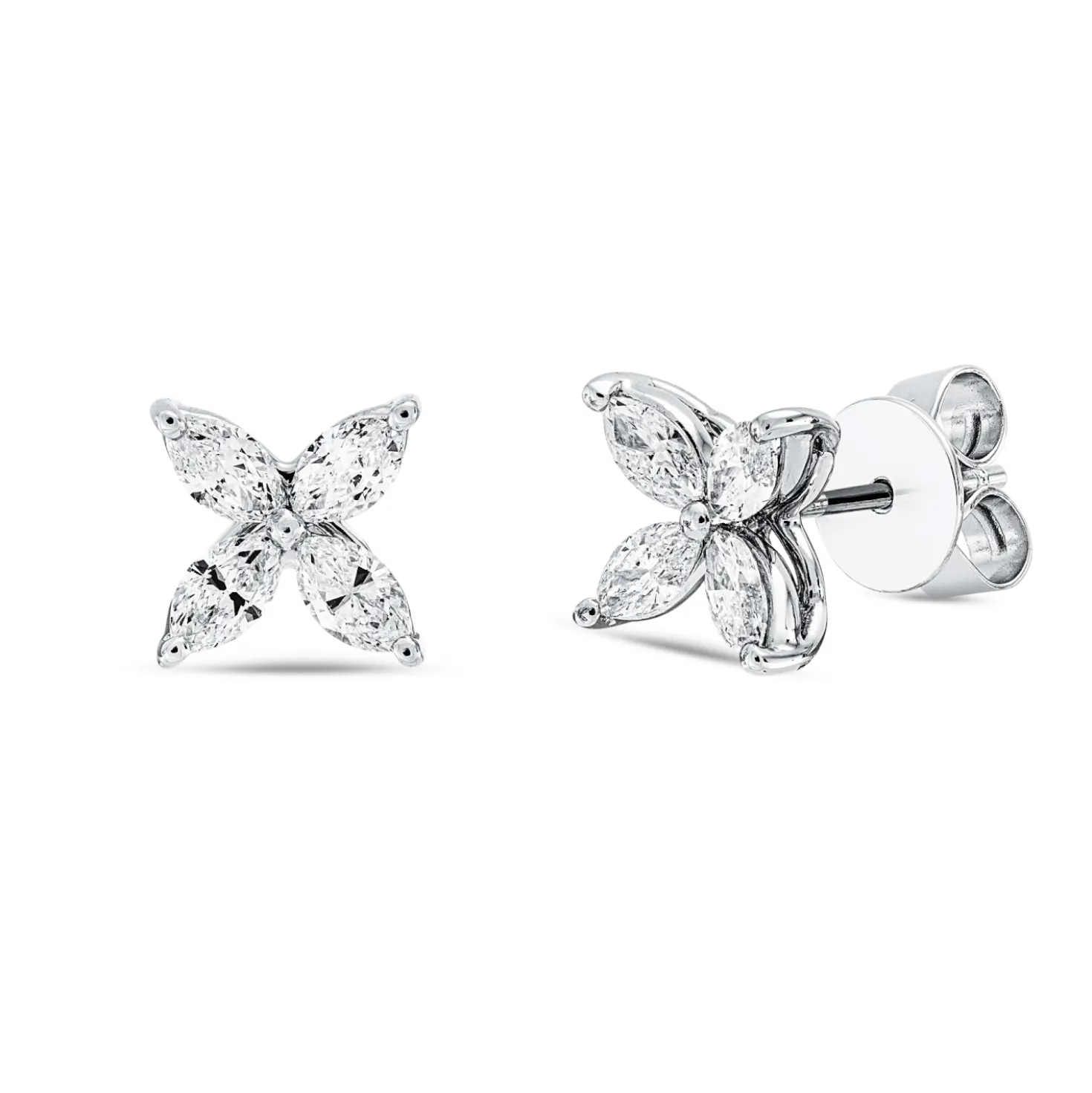 Ohrstecker Blumen aus 750 Weißgold 8 Diamanten Navette-Schliff 0,8ct TW-VSI/SI
