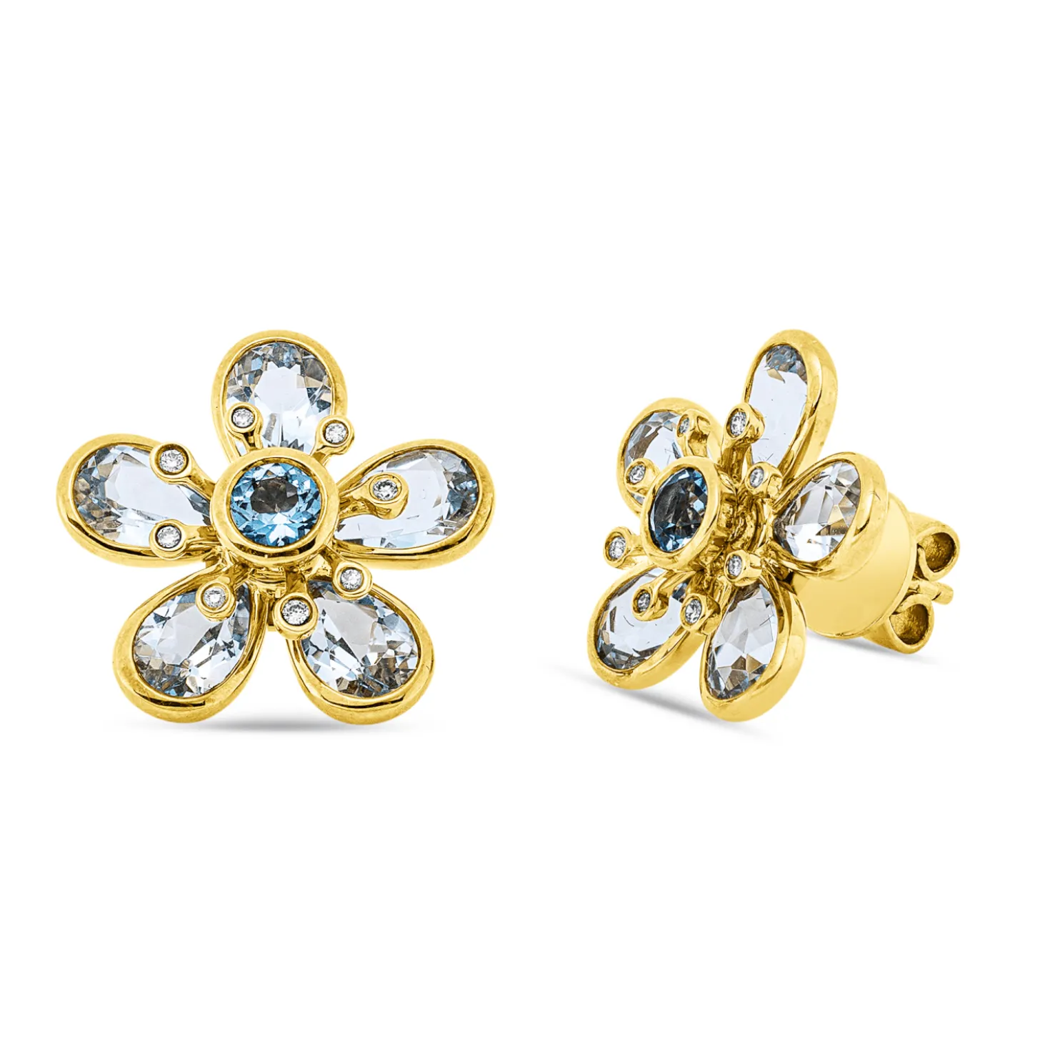 Ohrstecker Blumen 750 Gelbgold 12 Topase 5,1ct skyblue 16 Brillanten 0,07ct TW-SI
