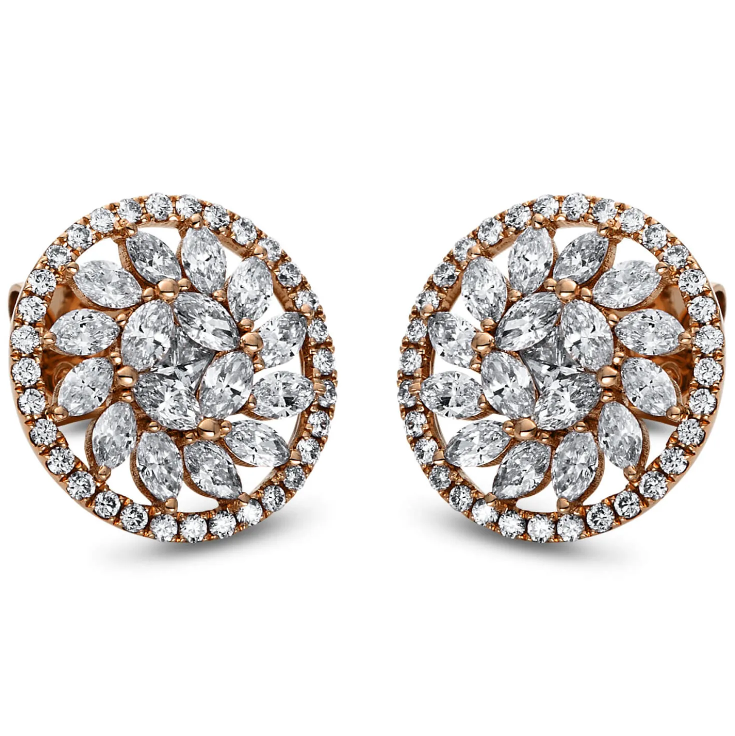 Ohrstecker Blumen im Kreis aus 750 Rotgold 98 Diamanten 1,58ct TW-SI Ø13,2mm