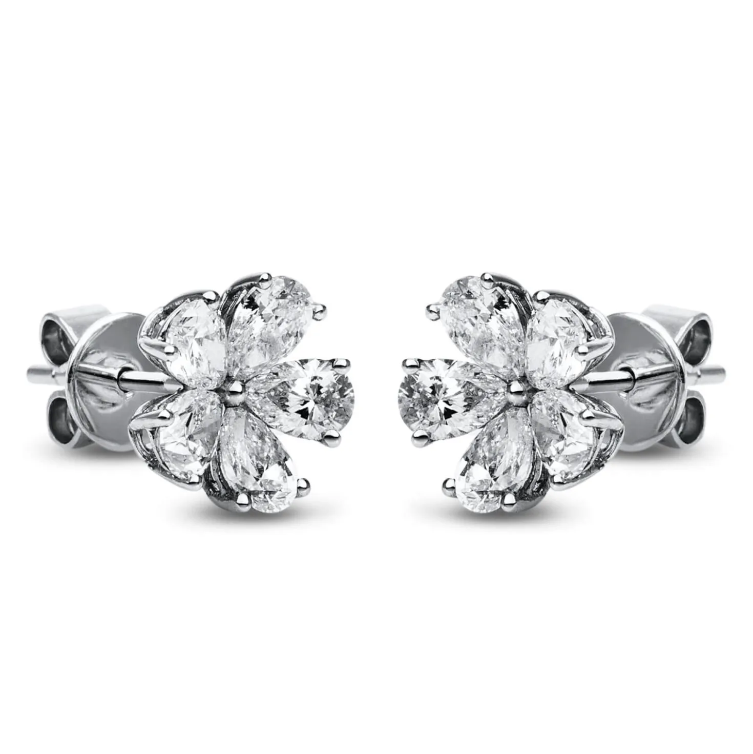 Ohrstecker Blumen 750 Weißgold 10 Diamanten Tropfen-Schliff 1,91ct TW-SI 9,6x9,5mm
