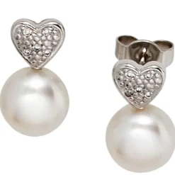 Ohrstecker Herz Herzen Perlen & 10 Diamanten 0.04Ct W/P1 Brillanten 585 Weißgold