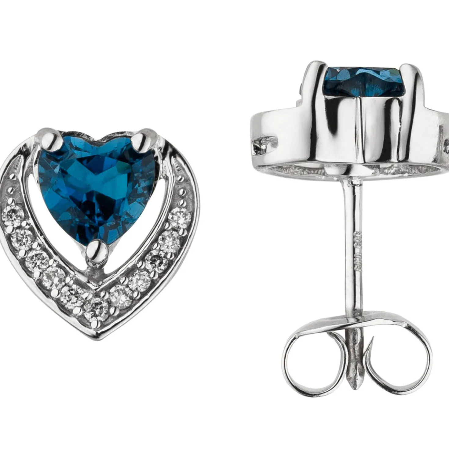 Ohrstecker Herz Herzen 585 Weißgold mit Blautopasen & 22 Diamanten 0.1Ct
