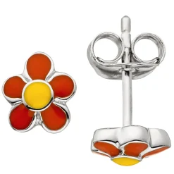 Ohrstecker Kinder-Ohrringe Blume Blümchen mit orange-roten Lackierung 925 Silber