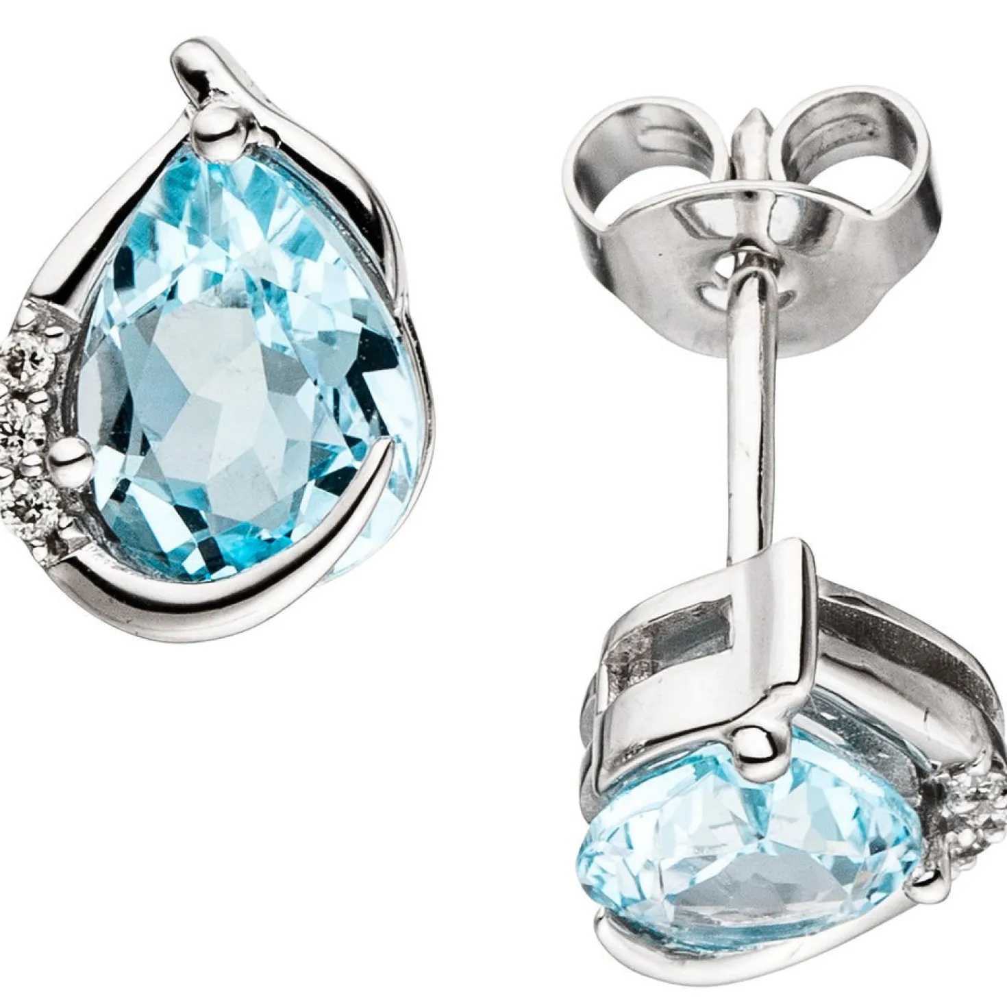 Ohrstecker mit Blautopas & 6 Diamanten 0.04Ct Brillanten 585 Gold Weißgold Damen