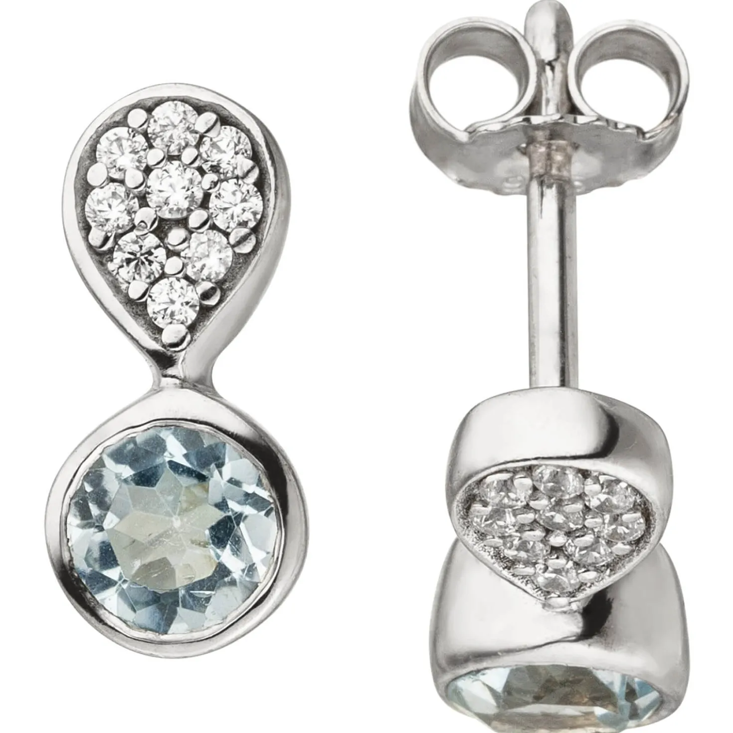 Ohrstecker mit Blautopas hellblau 18 Zirkonia weiß 925 Silber Kreis & Tropfen