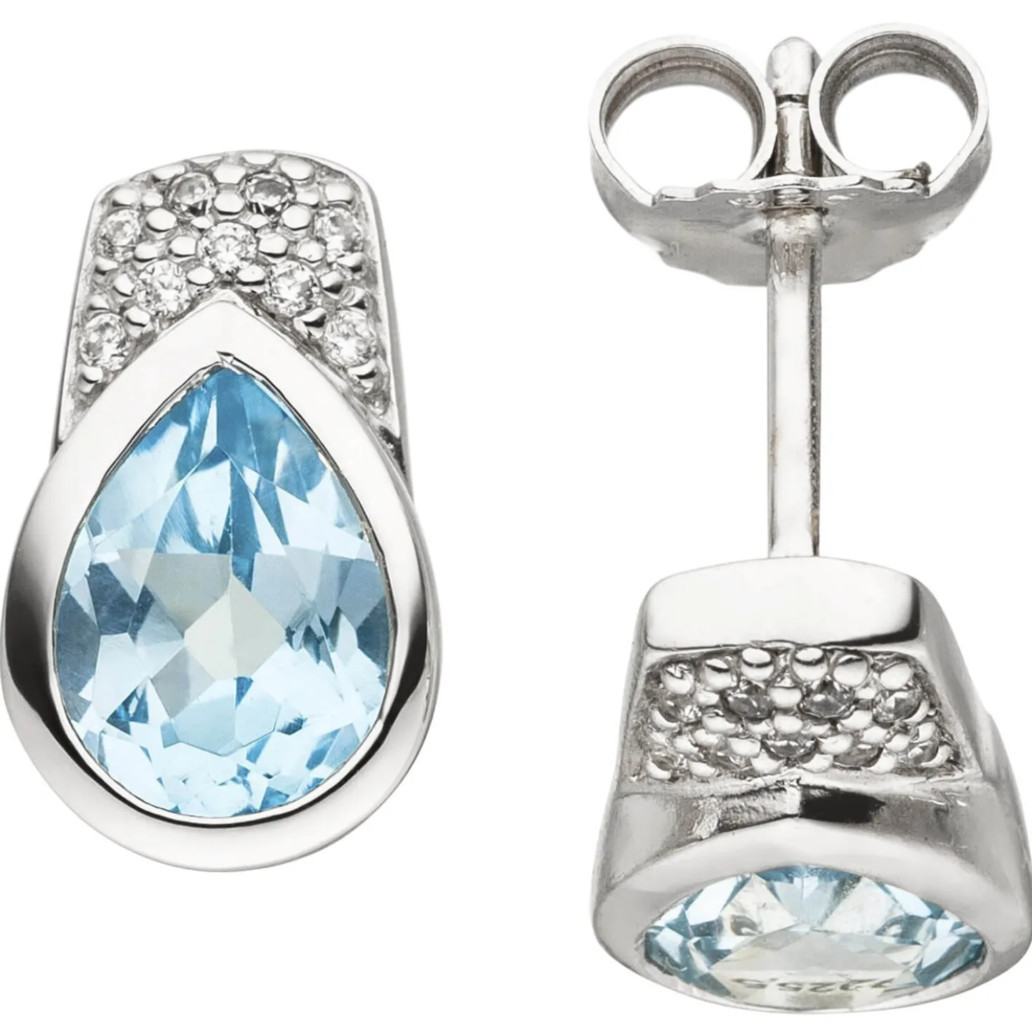 Ohrstecker mit Blautopas Tropfen blau hellblau & 18 Zirkonia 925 Silber Ohrringe