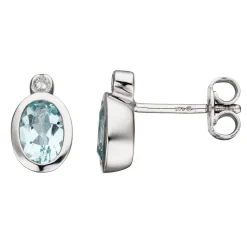 Ohrstecker mit Diamanten 0.02Ct Aquamarin hellblau 585 Gold Weißgold oval
