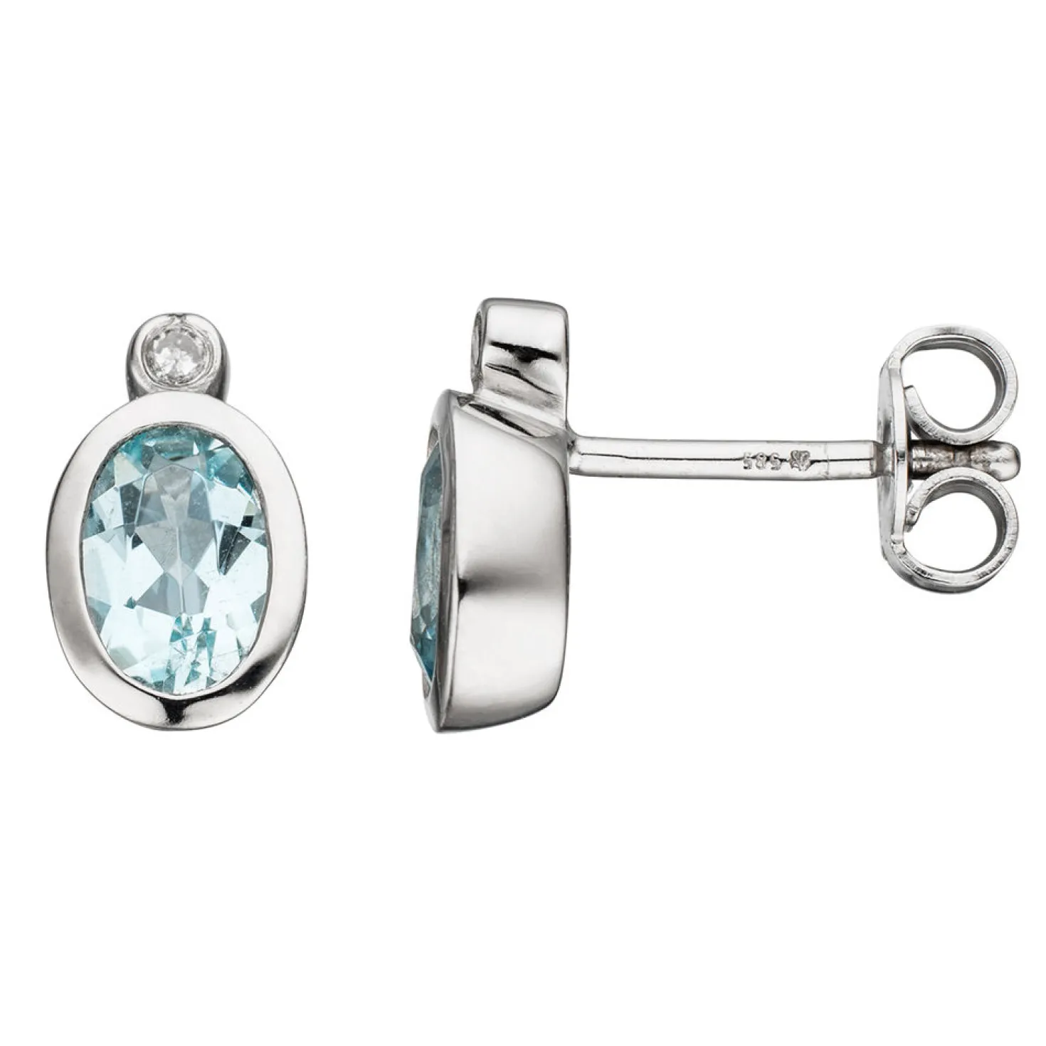 Ohrstecker mit Diamanten 0.02Ct Aquamarin hellblau 585 Gold Weißgold oval