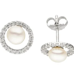 Ohrstecker mit 2 Perlen im Kreis & 44 Zirkonia Ø 10,8mm 925 Silber Ohrringe