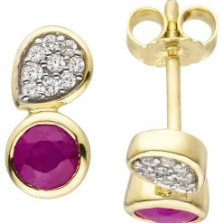 Ohrstecker mit Rubin rot & 18 Zirkonia weiß 333 Gold Gelbgold Kreis & Tropfen