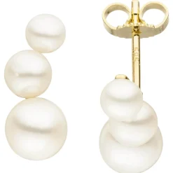 Ohrstecker mit 6 Süßwasser Perlen creme-weiß 585 Gold Gelbgold Ohrringe 17x6,7mm