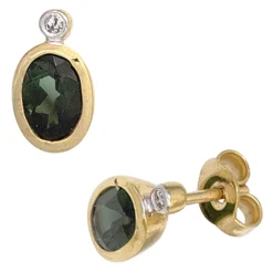 Ohrstecker mit Turmalin grün oval & 2 Brillanten 0.02Ct 585 Gold Gelbgold