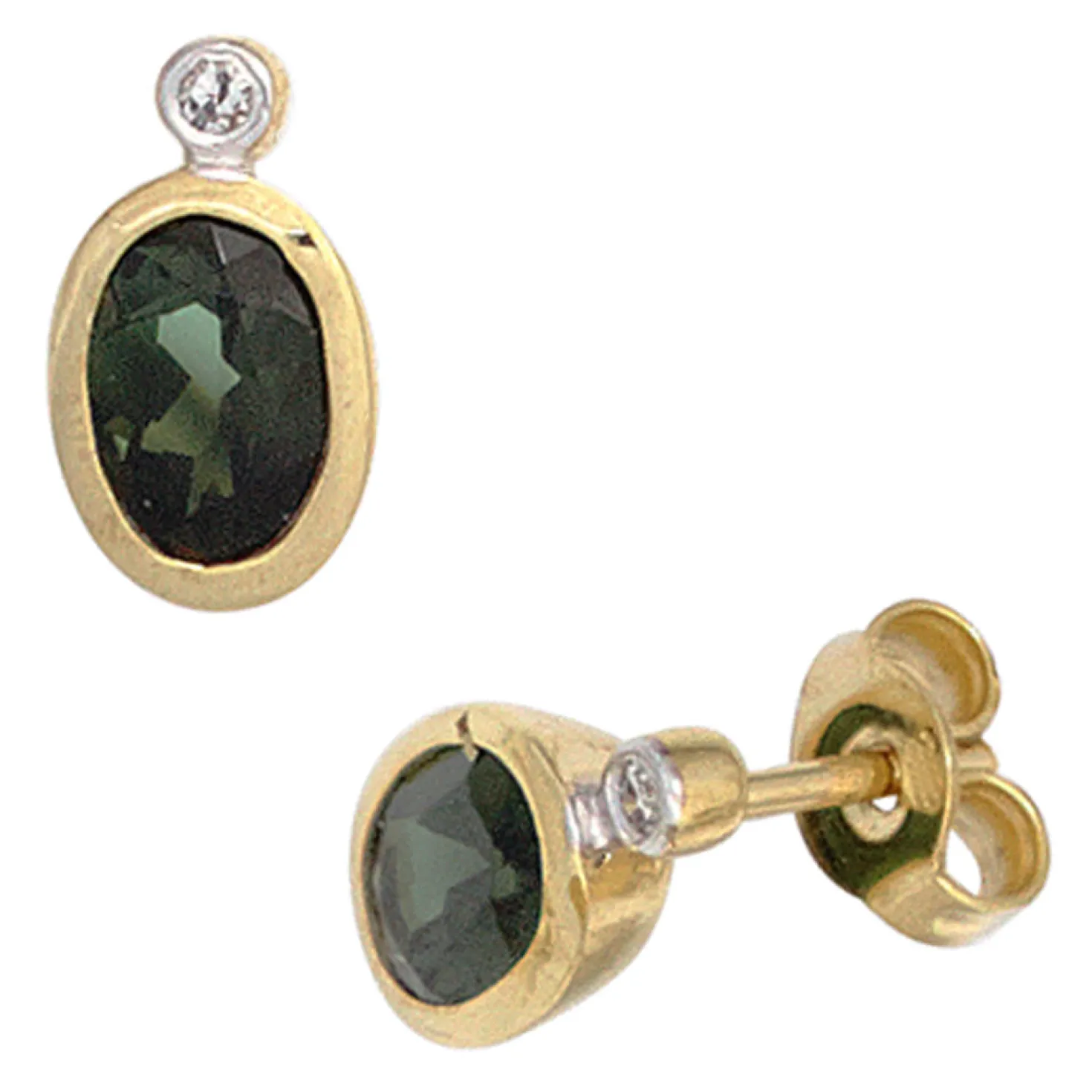 Ohrstecker mit Turmalin grün oval & 2 Brillanten 0.02Ct 585 Gold Gelbgold