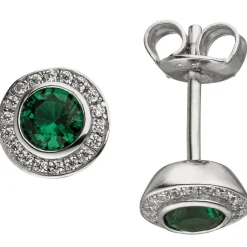 Ohrstecker mit 2 Zirkonia grün & 36 Zirkonia weiß rund 925 Silber Ohrschmuck