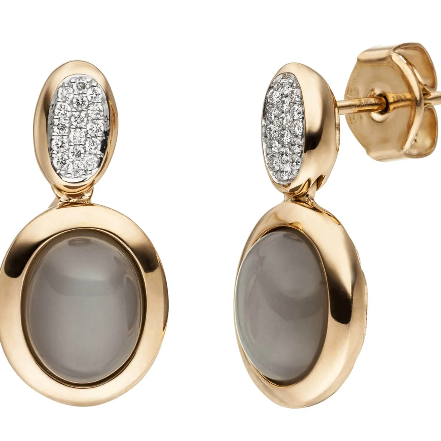 Ohrstecker Mondstein-Cabochons 32 Diamanten 0.16Ct 585 Rotgold Rosegold