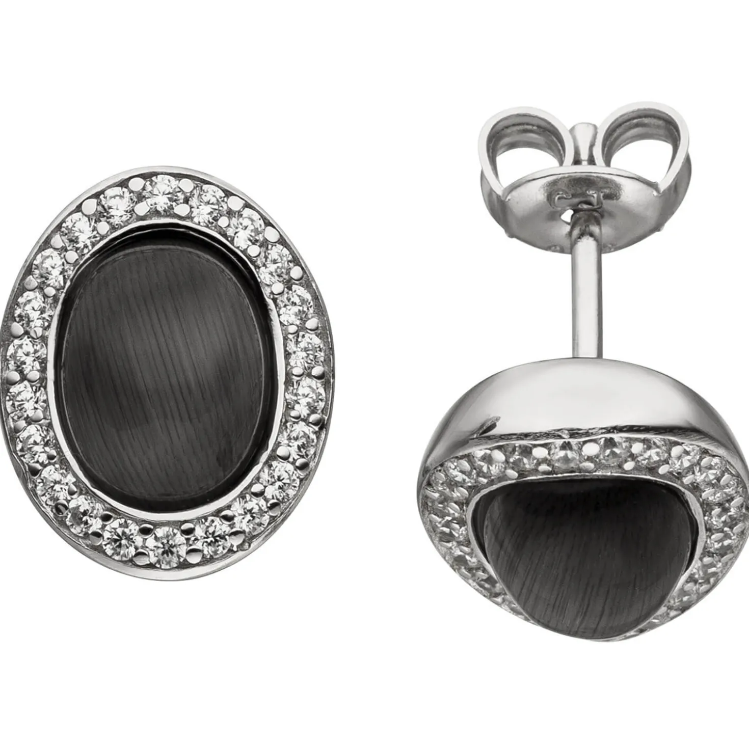 Ohrstecker Mondstein-Imitation schwarz mit Wölbung oval 44 Zirkonia 925 Silber